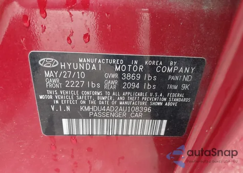 2010 Hyundai Elantra Gls z USA, uszkodzony, nr VIN KMHDU4AD2AU108396